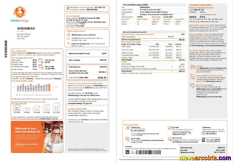 Australia Alinta Energy electricity utility bill 2 pages